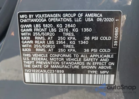 2020 Volkswagen Atlas Cross Sport 3.6L V6 Se W/Technology/3.6L V6 Se W/Technology R-Line из США, поврежденный, VIN 1V21E2CA3LC231899